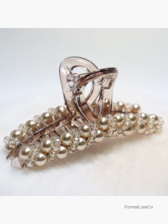 Faux Pearl Hair Claw Clips with Crystal Beads - Non Slip Strong Hold Handmade